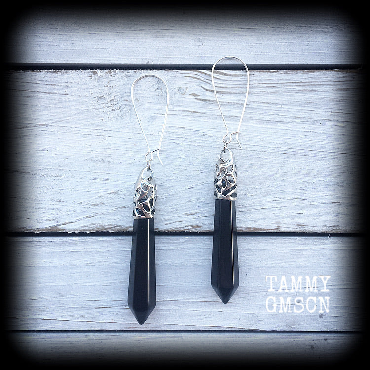 Black Obsidian earrings 6 gauge tunnel earrings Tunnel dangles Gemstone earrings Gemstone jewelry Ear hangers Pierced ears Stretched lobes 4mm 5mm 6mm 7mm 8mm 9mm 10mm body jewelry Witchy vibes Witchy jewelry Gothic earrings Gothic jewelry 2g 0g 00g