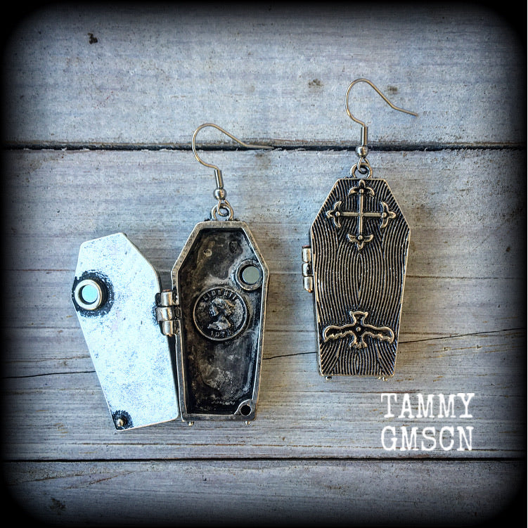 Antique silver coffin earrings-Halloween earrings