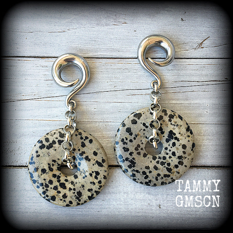 These Dalmatian Jasper gauged earrings have been made with chunky antique silver chain, measuring just under 10cms from tip to tip, and weighing 42 grams each

This pair has been made with 0 gauge (8mm) surgical steel full curls, for stretched lobes.