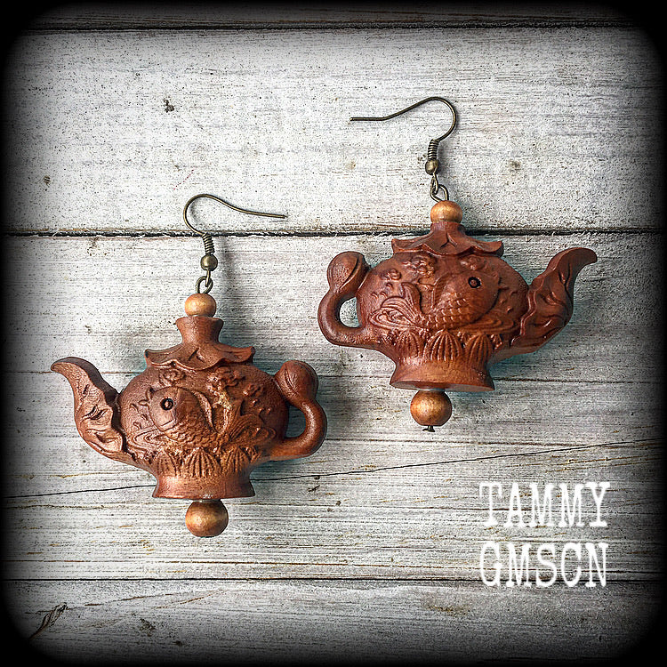 Teapot earrings-Carved wood earrings