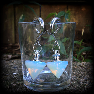 Opalite pendulum gauged earrings-Gemstone ear hangers