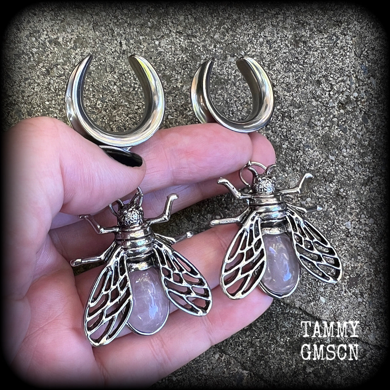 Rose quartz and antique silver insect gauged earrings