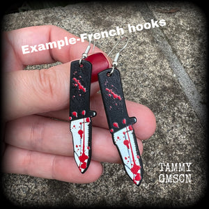 Horror punk earrings Kitchen knife earrings Halloween earrings Hunting knife earrings Bowie knife Pierced ears Ear gauges Horror punk jewelry Wednesday Fright night Horror movie Slasher movies Black Friday Real life crime Murderdolls Friday 13