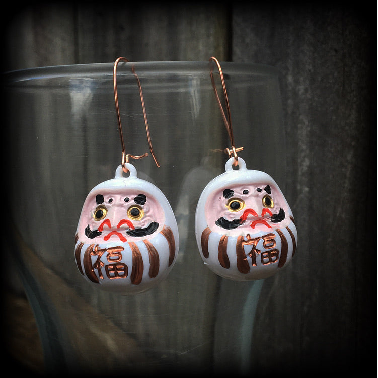 White daruma earrings Daruma dolls Japanese dolls Japanese earrings Daruma ear hangers Daruma ear weights Unique ear weights Stretched ears Stretched lobes Ear gauges Pierced Gauged earrings 4mm 6mm 8mm 10mm 12mm 14mm 16mm 19mm 22mm 25mm 28mm 30mm