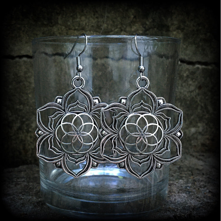 Flower of life earrings Seed of life earrings Mandala earrings Sacred geometry jewllery Boho earrings Boho gypsy jewelry Ear hangers Tunnel dangles Tunnel earrings