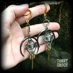 Moth and crescent moon gauged earrings