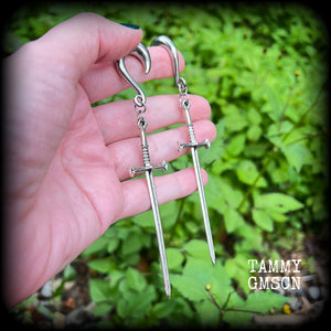 Ace of swords ear hangers 0 gauge ear weights Sword ear gauges Tarot card earrings Body jewelry 6g 2g 00g 1/2” 9/16” 5/8” 3/4” 7/8” 1” 1.10" 1.18" Stretched ears Stretched lobes Gauged ears Tarot jewelry Black Friday Witchy earrings Gothic jewelry