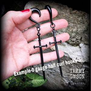 Ace of swords gauged earrings-Black sword ear hangers