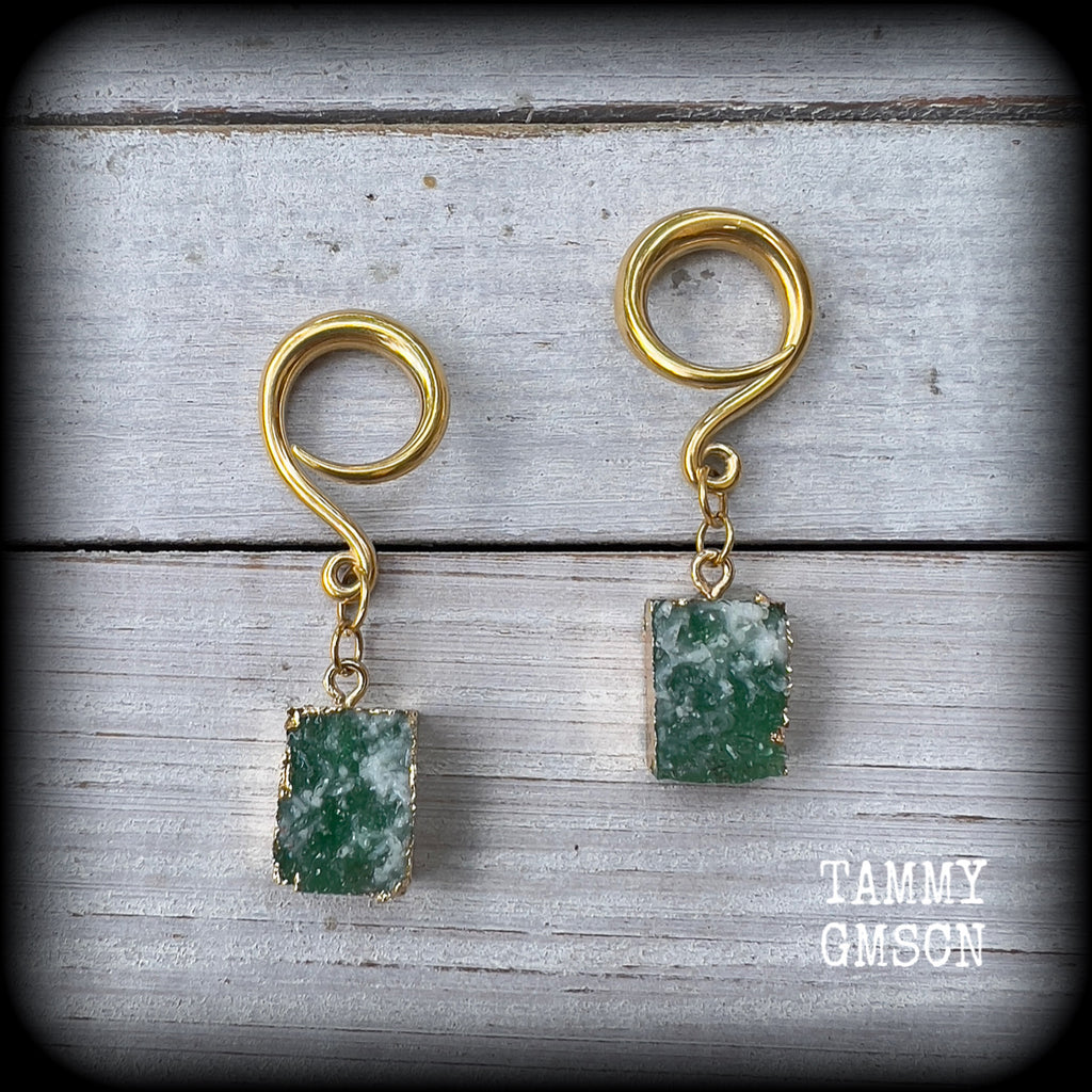 Deep green druzy gauged earrings