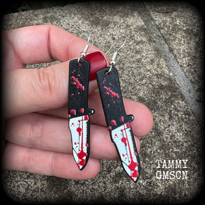 Horror punk earrings Kitchen knife earrings Halloween earrings Hunting knife earrings Bowie knife Pierced ears Ear gauges Horror punk jewelry Wednesday Fright night Horror movie Slasher movies Black Friday Real life crime Murderdolls Friday 13