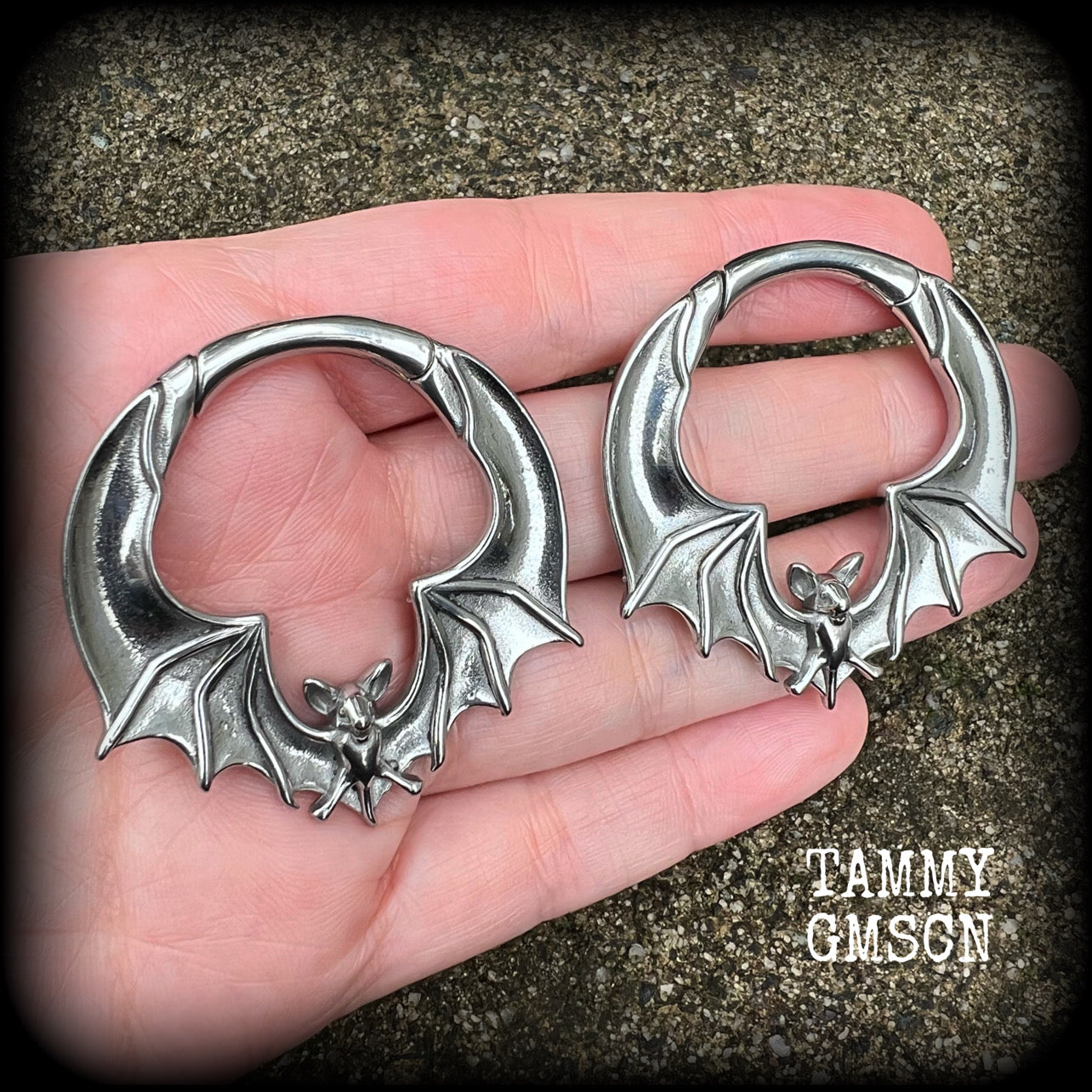 Featuring gorgeous spooky cute surgical steel bats, these earrings measure just under 5cms from tip to tip, and weigh approx 23 grams each.