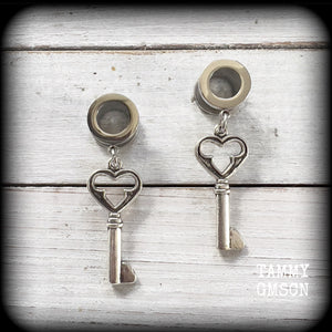 Antique silver key tunnel earrings