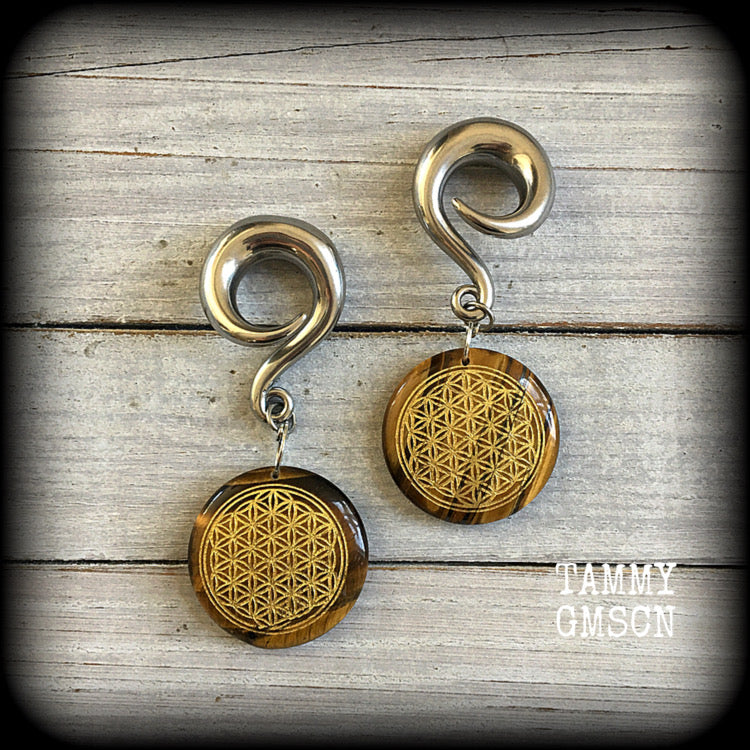 Tigers eye gemstone gauged earrings-Flower of life earrings