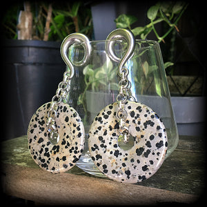 These Dalmatian Jasper gauged earrings have been made with chunky antique silver chain, measuring just under 10cms from tip to tip, and weighing 42 grams each

This pair has been made with 0 gauge (8mm) surgical steel full curls, for stretched lobes.