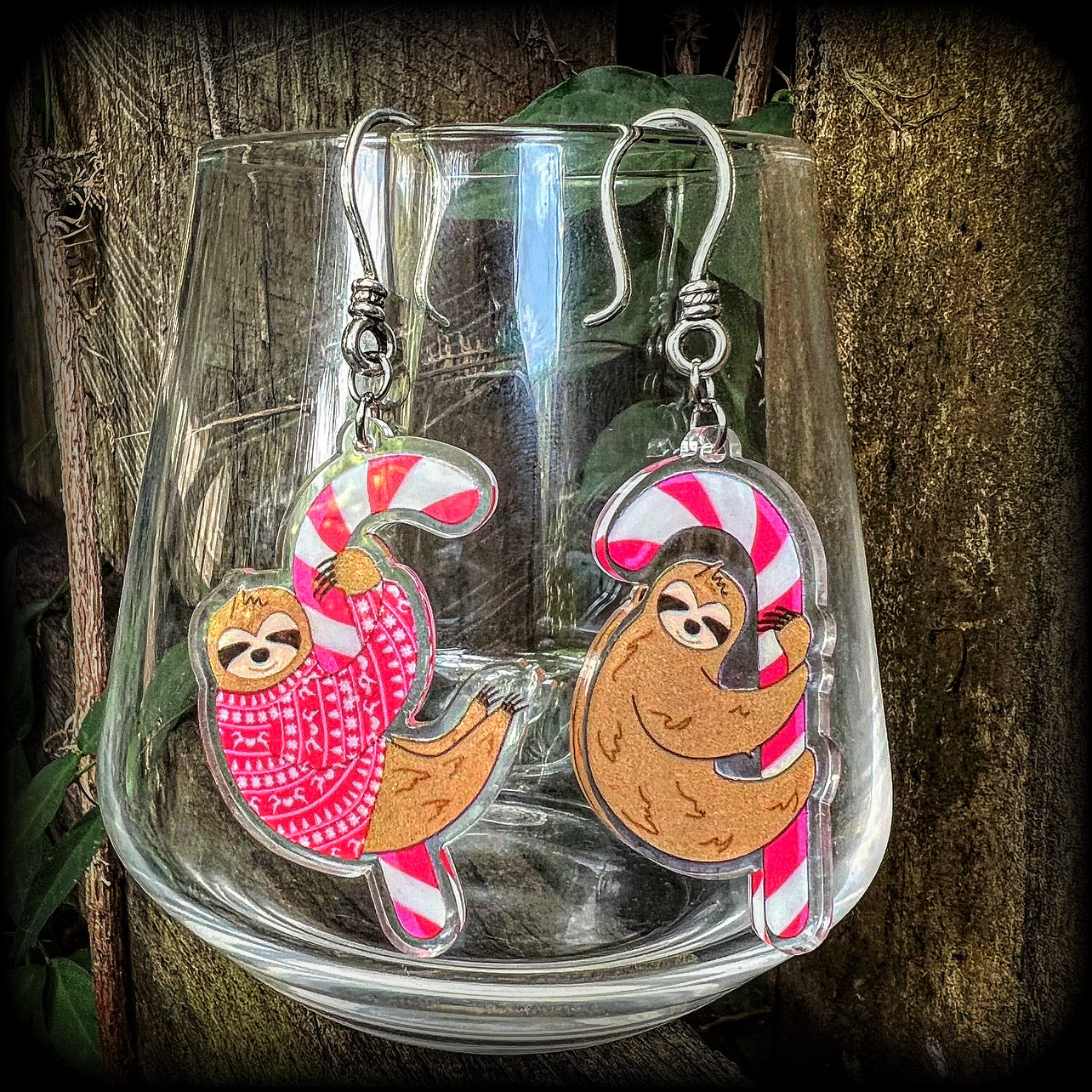 Sloth and Candy cane Christmas earrings