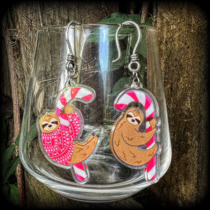 Sloth and Candy cane Christmas earrings