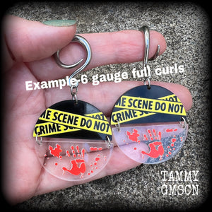 Crime scene earrings Crime scene earrings Halloween earrings 6 gauge ear weights Horror punk earrings 4mm 6mm 8mm 10mm 12mm 14mm 16mm 19mm 22mm 25mm 28mm 30mm Real life crime Crime scene clean up Spaulding Gauged earrings Stretched lobes Stretched ears Gauged ears 