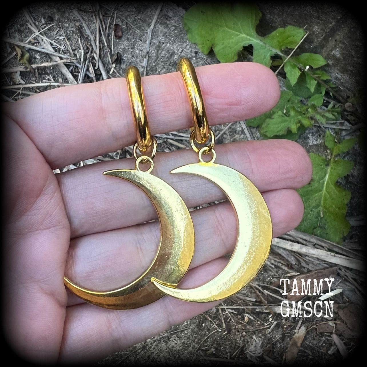Antique gold crescent moon gauged hoop earrings