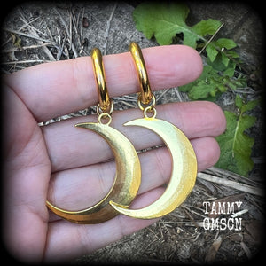 Antique gold crescent moon gauged hoop earrings