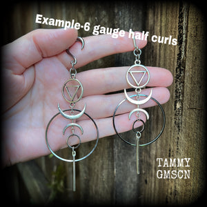 Geometric hoop and sigil gauged earrings-Inverted triangle occult earrings