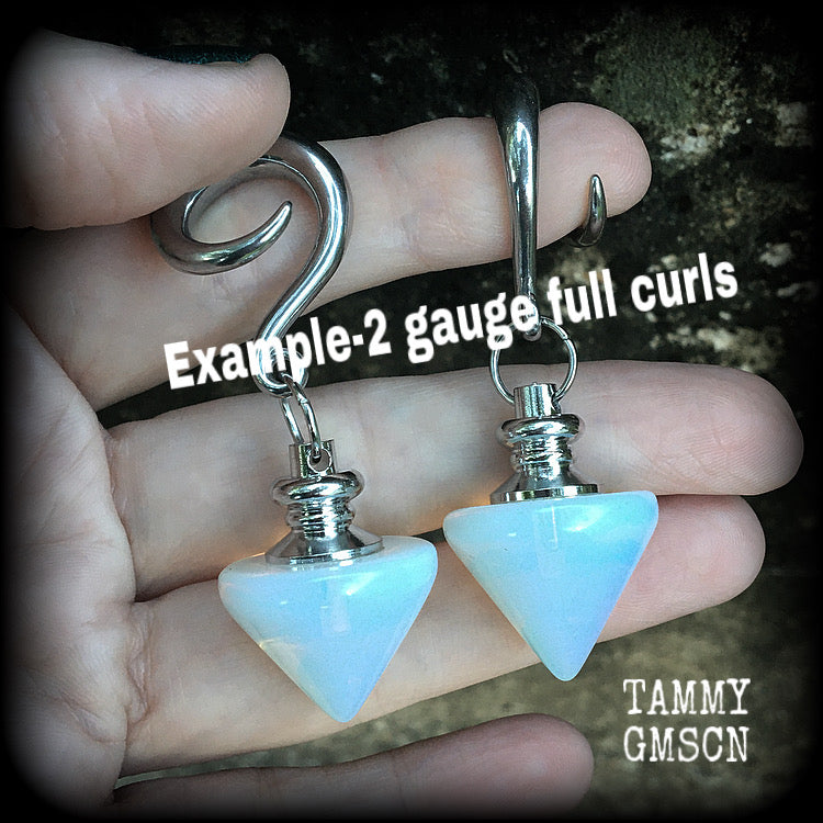 Opalite pendulum gauged earrings-Gemstone ear hangers