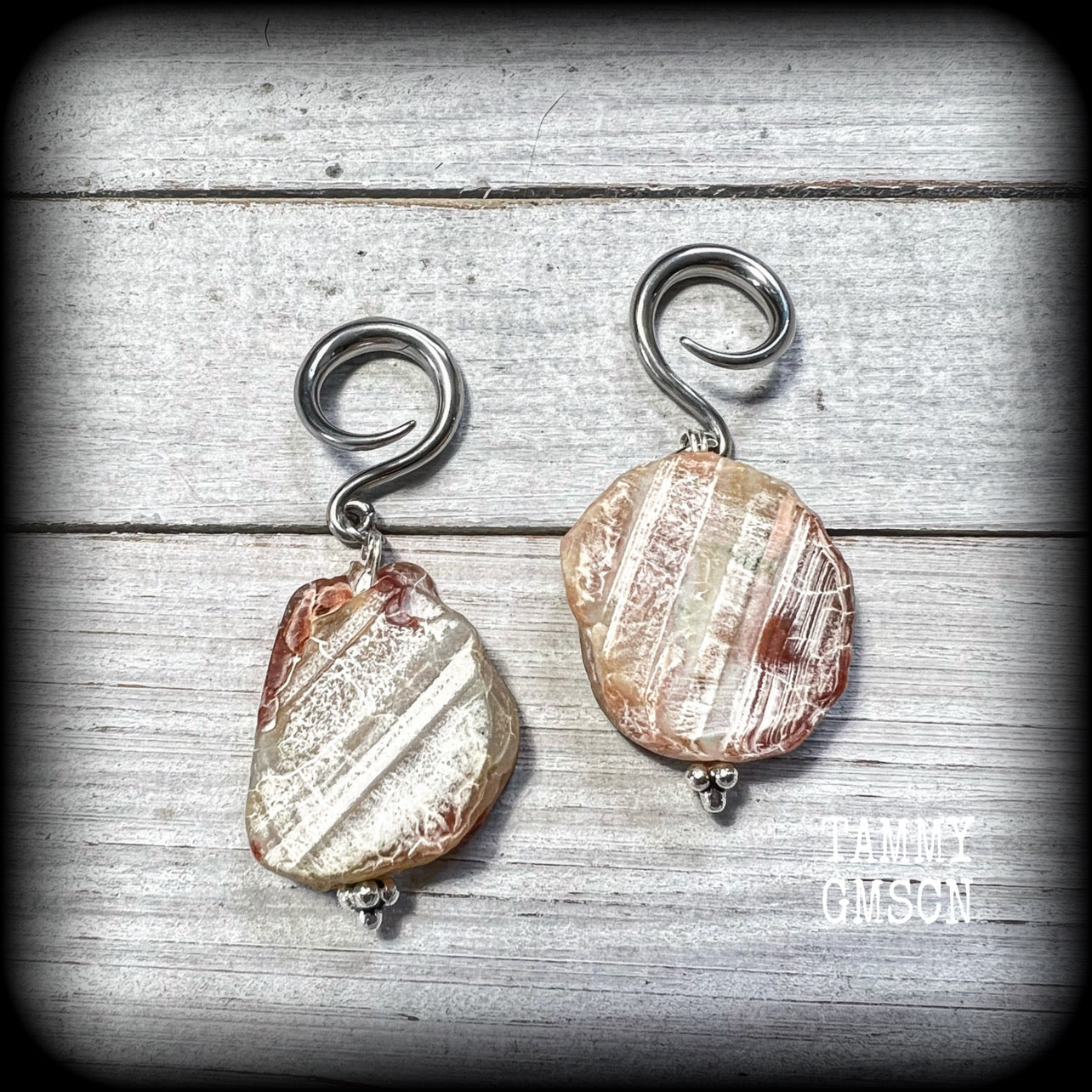 Raw agate slice gauged earrings