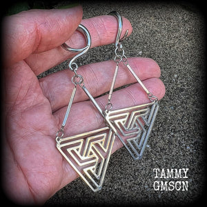 Triangle maze earrings Geometic earrings Geometric jewellery Geometric gauged earrings Optical illusion ear hangers MC Escher 6 gauge ear weights Stretched ears Stretched lobes Ear gauges 4mm 6mm 8mm 10mm 12mm 14mm 16mm 19mm 22mm 25mm 28mm 30mm