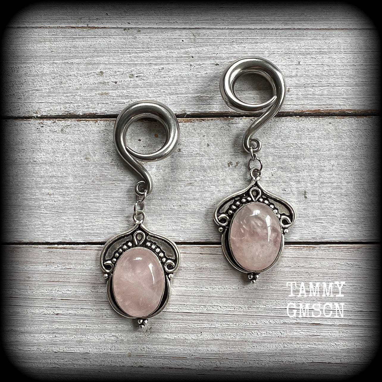 Rose quartz gauged earrings