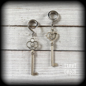 Antique silver key gauged earrings