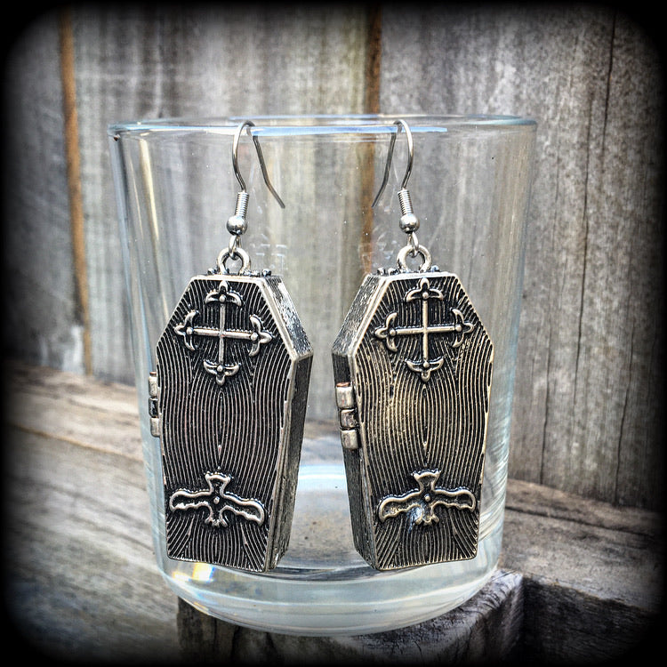 Antique silver coffin earrings-Halloween earrings