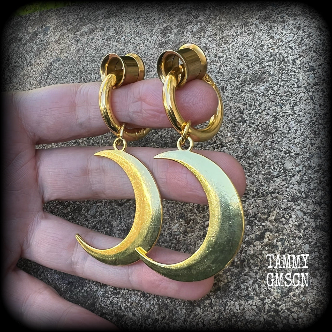 Antique gold crescent moon gauged hoop earrings