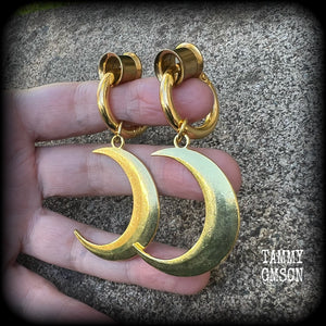 Antique gold crescent moon gauged hoop earrings
