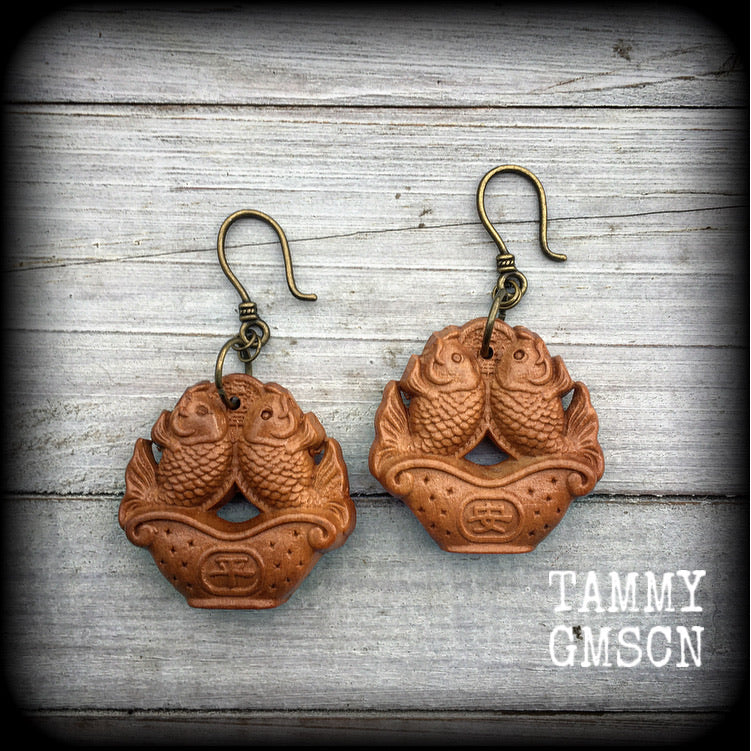 Koi fish earrings-Carved wood earrings