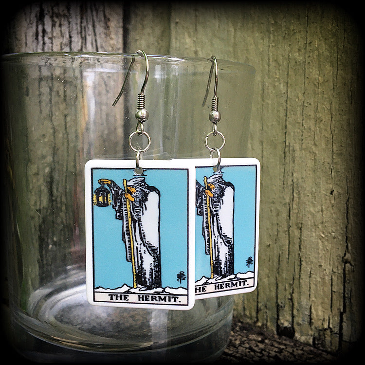 The Hermit Tarot card earrings Tarot cards Chiromancy Palmistry Tarot jewellery Occult jewellery Esoteric jewelry Pierced ears Stretched lobes
