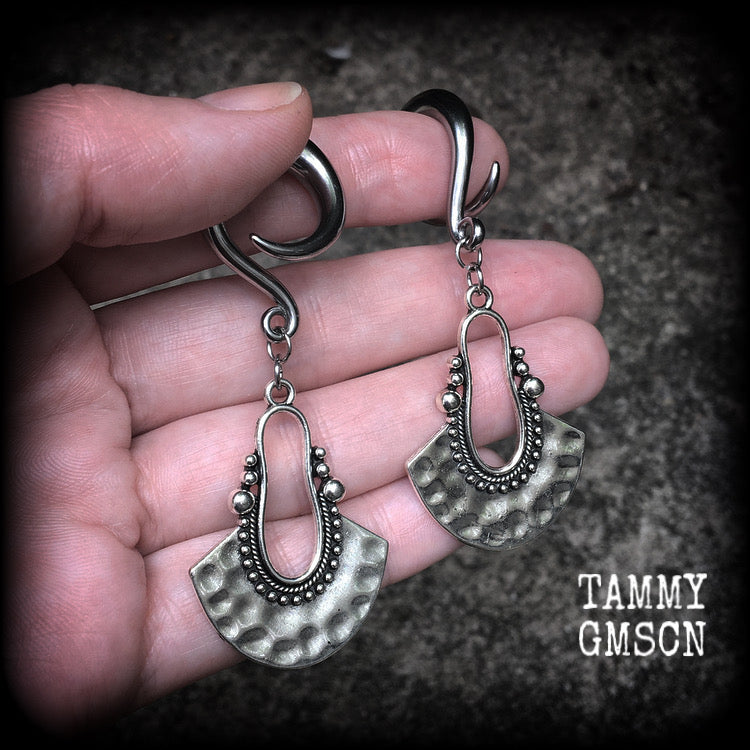 Tribal ear weights Artemis 2 gauge ear weights Antique silver half disc ear hangers Mandala Body jewelry 6g 2g 0g 00g 1/2” 9/16” 5/8” 1” 1.10" 1.18" Body jewelry Boho earrings Gypsy earrings Moss goth Gauged earings Stretched ears Stretched lobes