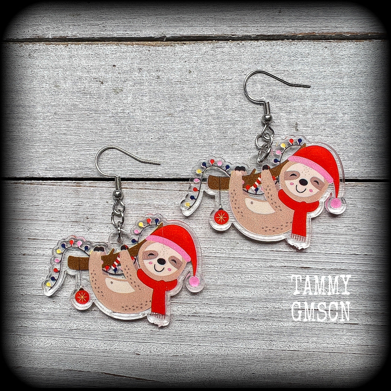 Christmas earrings tree Pet earrings Christmas earrings Sloth earrings Stocking stuffers Spooky cute Cute animal earrings Acrylic earrings Festive season Yule Summer solstice jewelry Yuletide earrings Pierced ears Clip  Gifts for goths Secret santa