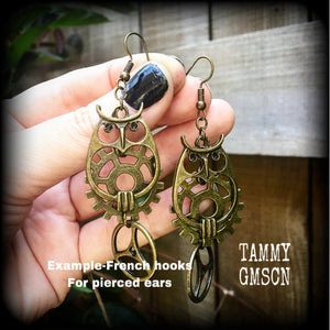 Bronze owl earrings-Steampunk earrings