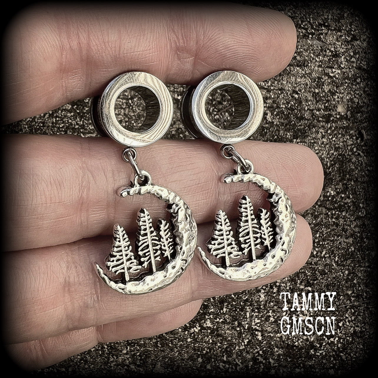 Crescent moon and fir tree tunnels-Forest moon earrings