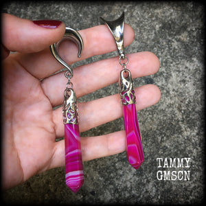 Pink agate gauged earrings