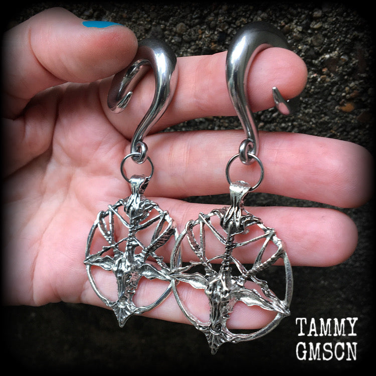 Antique silver Baphomet gauged earrings-Occult ear hangers