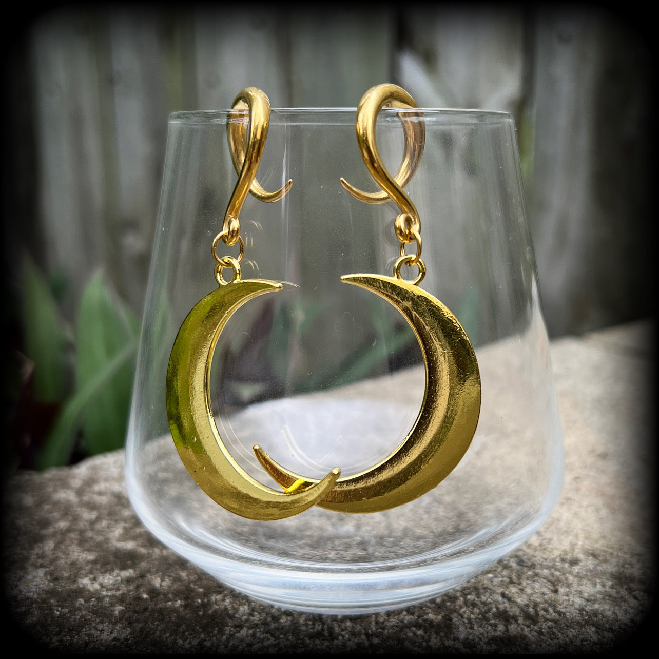 Crescent moon ear weights Crescent moon gauged earrings Ear hangers 6 gauge ear weights Black Friday Body jewelry Stretched lobes 6g 2g 0g 00g 1/2" 9/16" 5/8" 7/8" 1" 1.10" 1.18" Coven earrings Occult earrings Whimsigoth Whimsygoth Cottagecore Witchy jewelry Occult jewelry