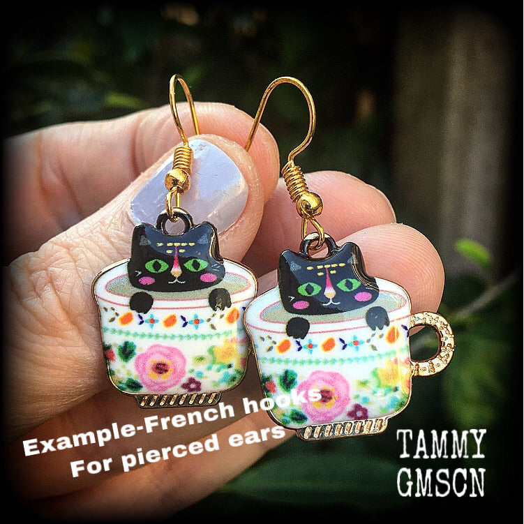 Cat earrings-Teacup folk art earrings