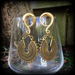 Antique gold Ishtar disc gauged earrings