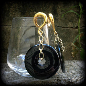 Black obsidian gauged earrings-Ear weights