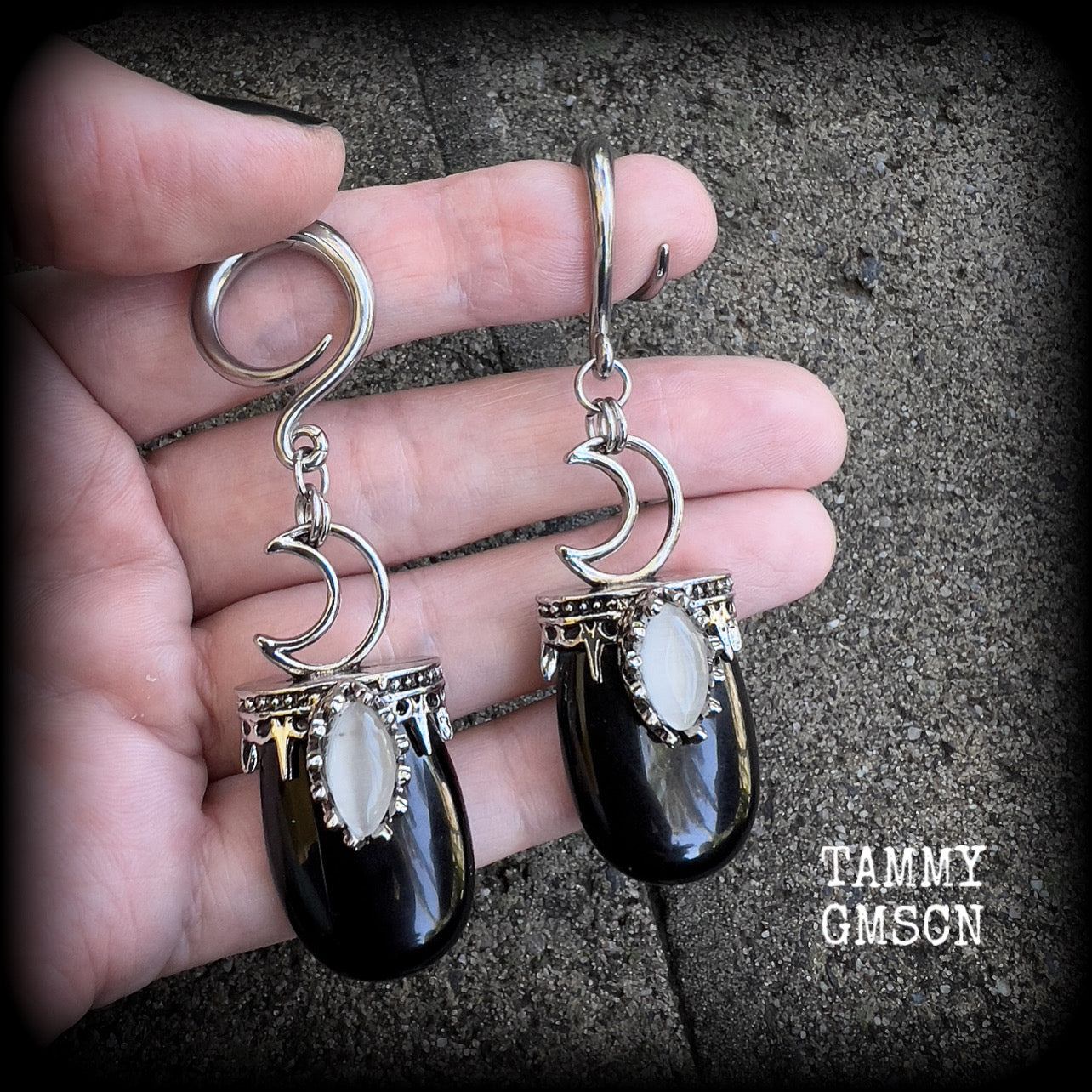 Black obsidian and crescent moon gauged earrings