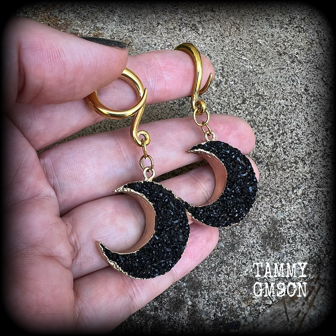 Black druzy crescent moon gauged earrings-Gemstone ear hangers