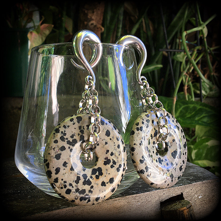 These Dalmatian Jasper gauged earrings have been made with chunky antique silver chain, measuring just under 10cms from tip to tip, and weighing 42 grams each

This pair has been made with 0 gauge (8mm) surgical steel full curls, for stretched lobes.