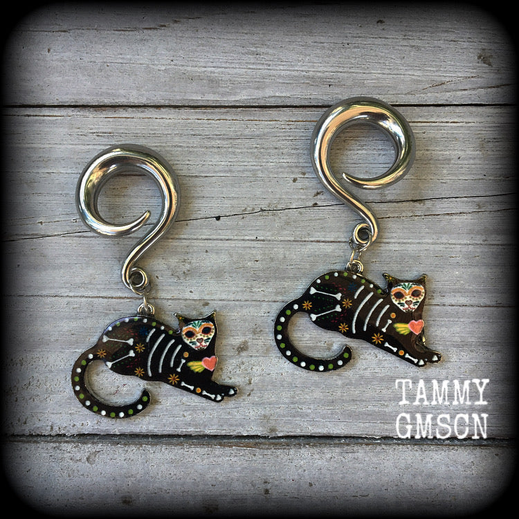 Day of the Dead cat gauged earrings-Halloween earrings