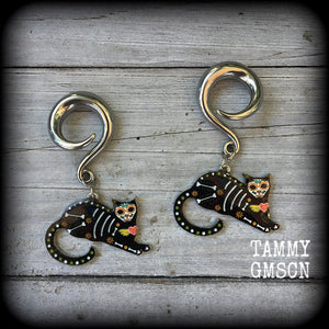 Day of the Dead cat gauged earrings-Halloween earrings