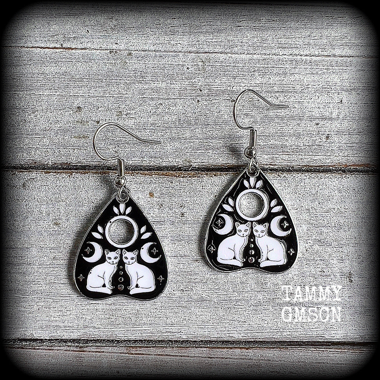 Occult cat planchette earrings-Silver